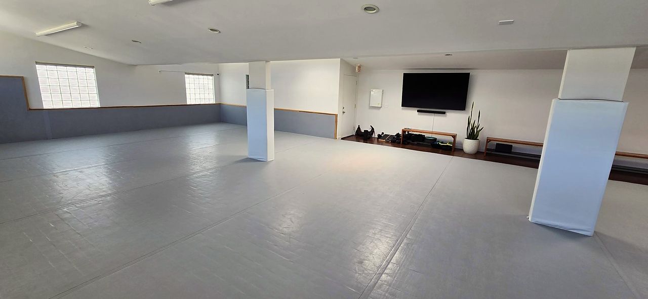 The KŌBŌ mat room: wall-to-wall grey mats, padded pillars and a wall TV